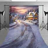 Aperturee - Aperturee Cozy Christmas Village Sweep Backdrop Painterly Snow Scene at Sunset Holiday Cottage Photo Studio Floor Drop